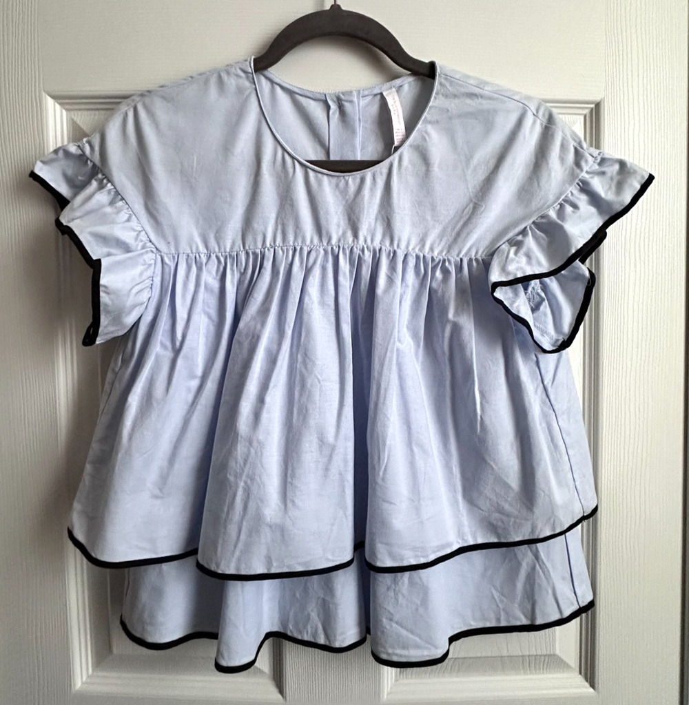 Zara Trafaluc Light Blue Tiered Ruffle Cotton Babydoll Top Button Back Womens SM